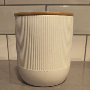 White Ribbed Ceramic Jar with Wooden Lid